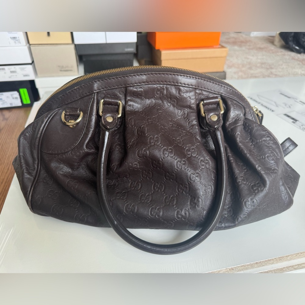 Gucci Guccisima Leather Bowling Hand Shoulder Bag Dark Brown